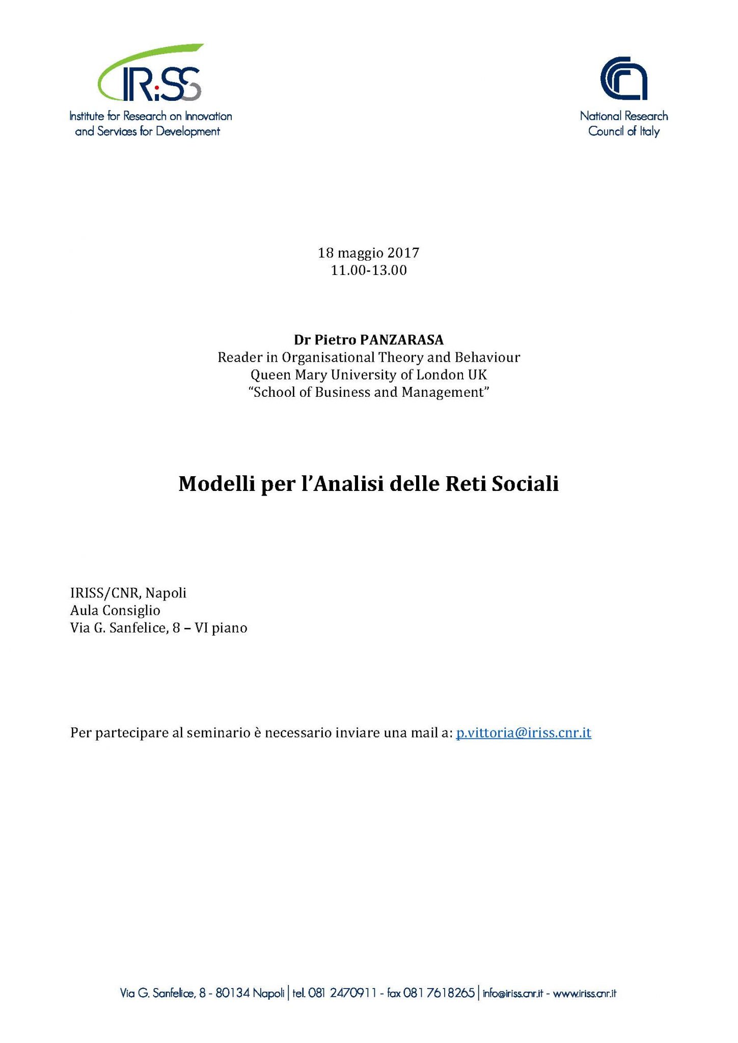 Seminario scientifico del prof. Pietro Panzarasa su “Modelli per l’Analisi delle Reti Sociali”