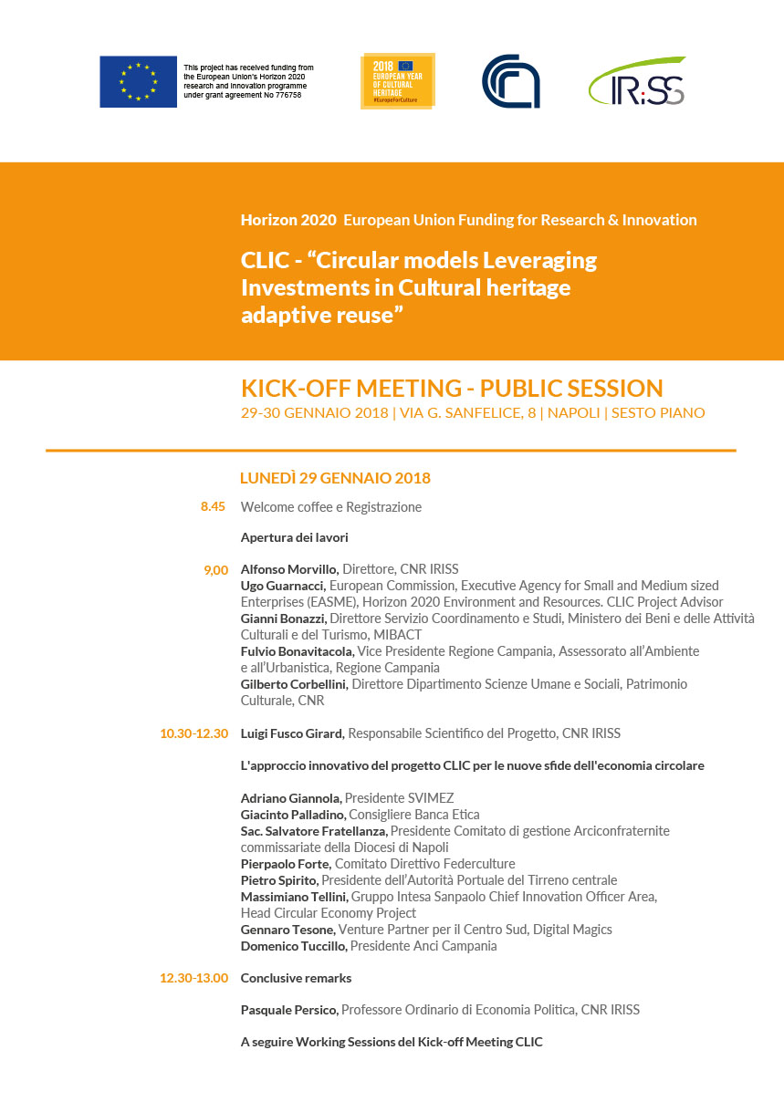 Presentazione del progetto “CLIC - Circular models Leveraging Investments in Cultural heritage adaptive reuse” finanziato nell’ambito del programma europeo “Horizon 2020”