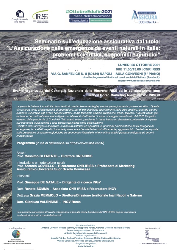 L'Assicurazione nelle emergenze da eventi naturali in Italia: problemi scientifici, economici e giuridici. Conferenza di educazione assicurativa EDUFIN 2021