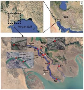 Ubicazione delle risorse di acqua dolce di Abadan e dei siti di campionamento