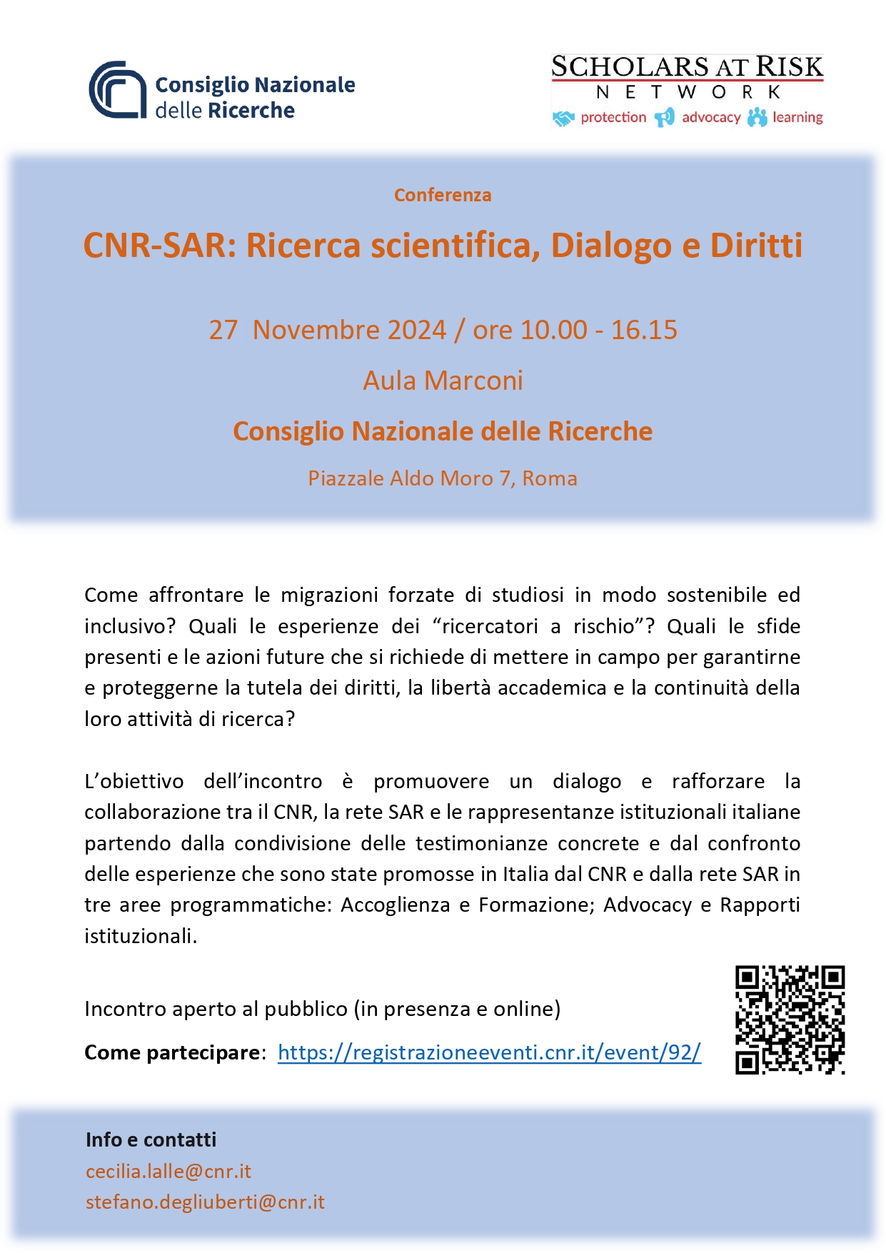 "Conferenza Cnr-Sar: Ricerca scientifica, Dialogo, Diritti"
